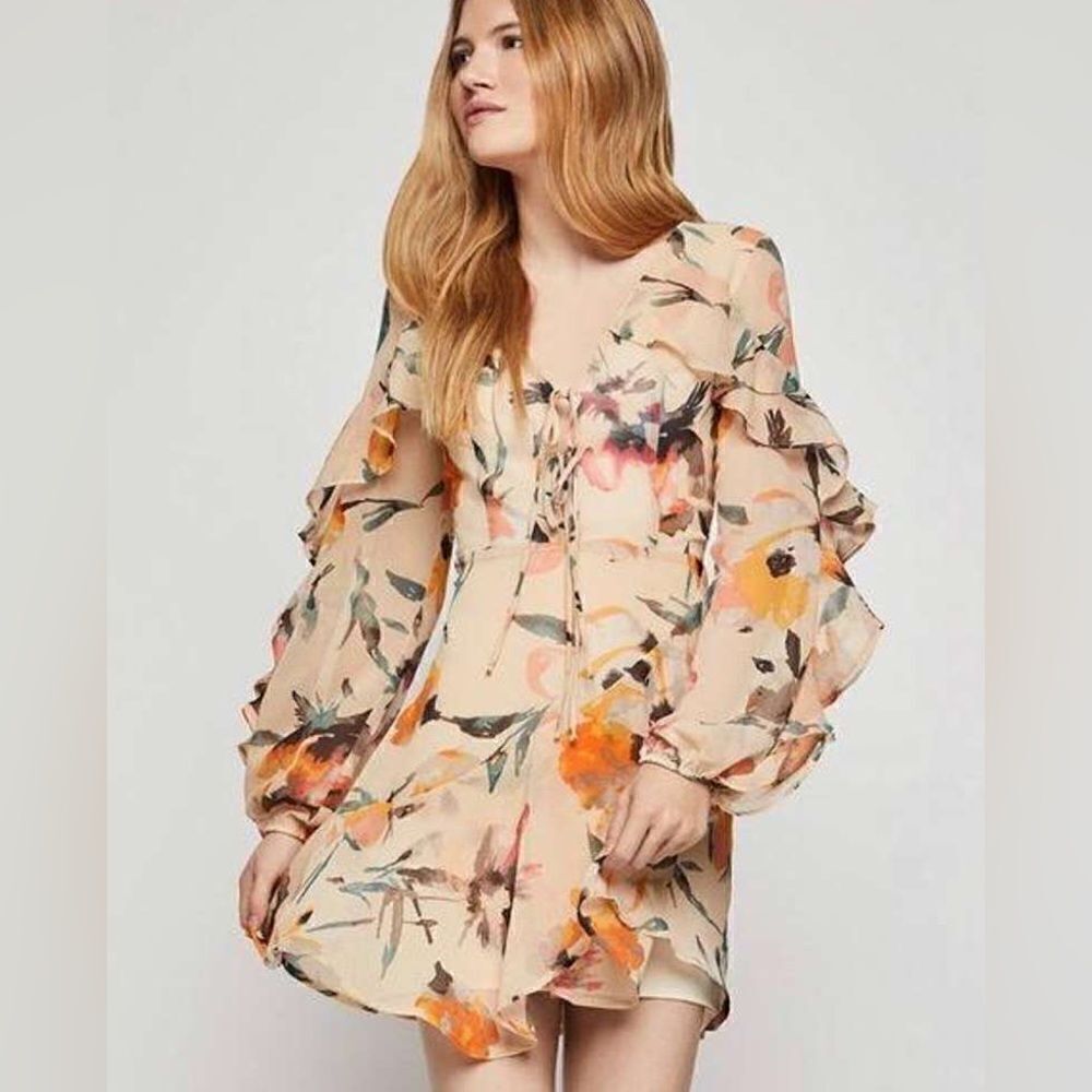 BCBGeneration Floral Ruffle Mini Dress Sheer Long Sleeve Boho Size 4 - Picture 6 of 15